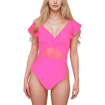Women's Flutter Sleeve One Piece Swimsuit with Crisscross Mesh Panel Detail and Deep V-Neckline