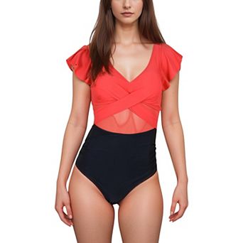 Women's Flutter Sleeve One Piece Swimsuit with Crisscross Mesh Panel Detail and Deep V-Neckline