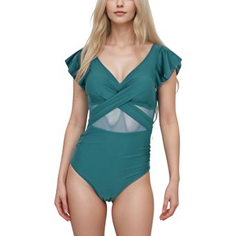 Women's Flutter Sleeve One Piece Swimsuit with Crisscross Mesh Panel Detail and Deep V-Neckline
