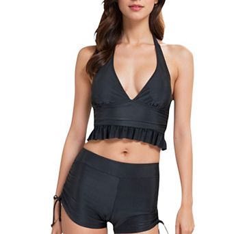 Women's Halter High-Waisted Bikini Set with Ruched Detailing and Ruffle Hem
