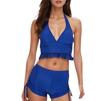 Women's Halter High-Waisted Bikini Set with Ruched Detailing and Ruffle Hem