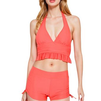 Women's Halter High-Waisted Bikini Set with Ruched Detailing and Ruffle Hem