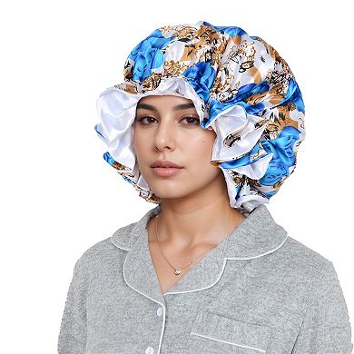Women's Satin Lined Print Bonnet Large Ruffled Edge Adjustable Sleep Cap