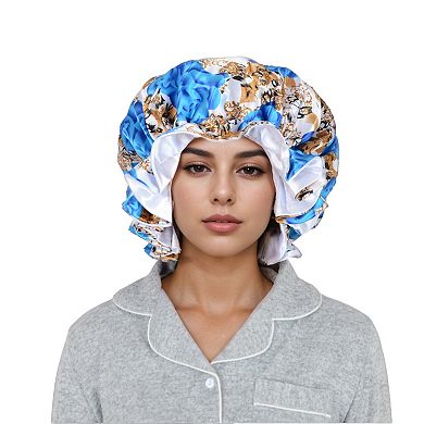 Women's Satin Lined Print Bonnet Large Ruffled Edge Adjustable Sleep Cap