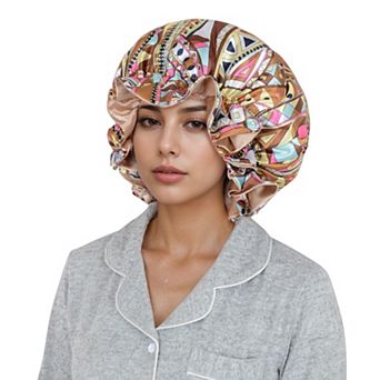 Women's Satin Lined Print Bonnet Large Ruffled Edge Adjustable Sleep Cap