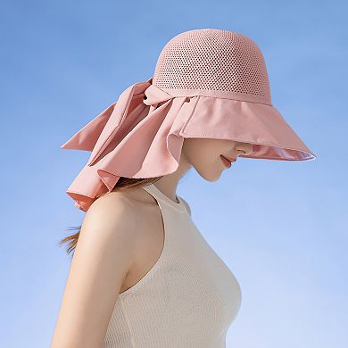 Women's Mesh Panel Wide Brim Sun Hat with Back Flap UV Protection and Tie Detail