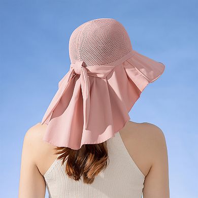 Women's Mesh Panel Wide Brim Sun Hat with Back Flap UV Protection and Tie Detail