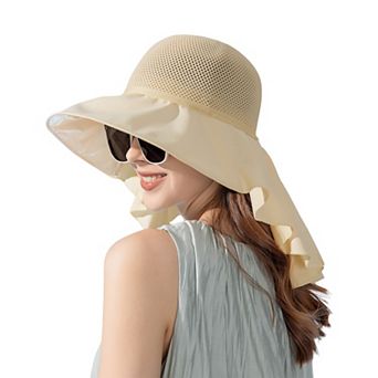 Women's Mesh Panel Wide Brim Sun Hat with Back Flap UV Protection and Tie Detail