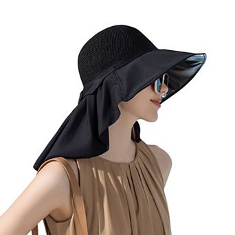 Women's Mesh Panel Wide Brim Sun Hat with Back Flap UV Protection and Tie Detail