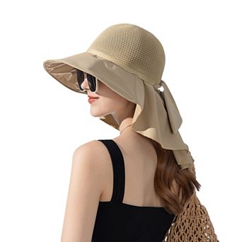 Women's Mesh Panel Wide Brim Sun Hat with Back Flap UV Protection and Tie Detail