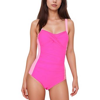 Women's Colorblock One Piece Swimsuit with Twist Front Detail Wide Shoulder Straps