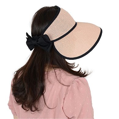 Women's Roll Up Straw Sun Visor Wide Brim Bow Detail Adjustable UV Protection Packable Summer Hat