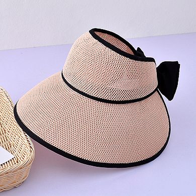 Women's Roll Up Straw Sun Visor Wide Brim Bow Detail Adjustable UV Protection Packable Summer Hat