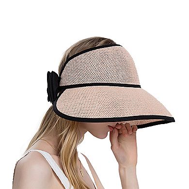 Women's Roll Up Straw Sun Visor Wide Brim Bow Detail Adjustable UV Protection Packable Summer Hat