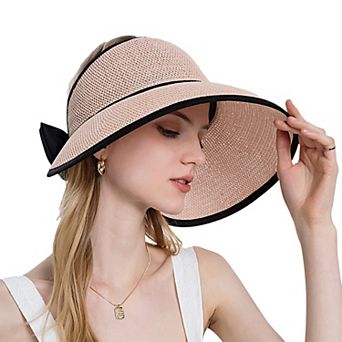 Women's Roll Up Straw Sun Visor Wide Brim Bow Detail Adjustable UV Protection Packable Summer Hat
