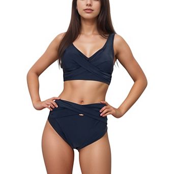 Women's Crossover Bikini Set with Wide Strap Top and High Waist Twist Front Bottoms