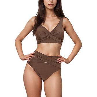 Women's Crossover Bikini Set with Wide Strap Top and High Waist Twist Front Bottoms