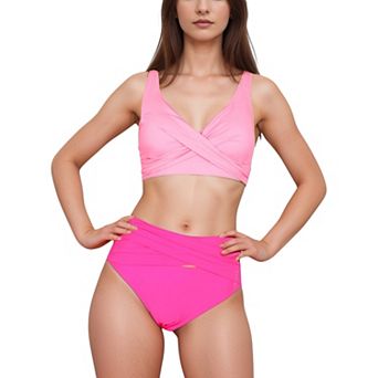 Women's Crossover Bikini Set with Wide Strap Top and High Waist Twist Front Bottoms