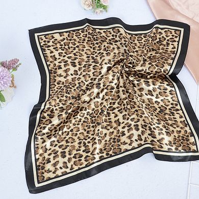 Women's Leopard Print Square Scarf with Contrast Border Satin Feel Lightweight Neck Accessory