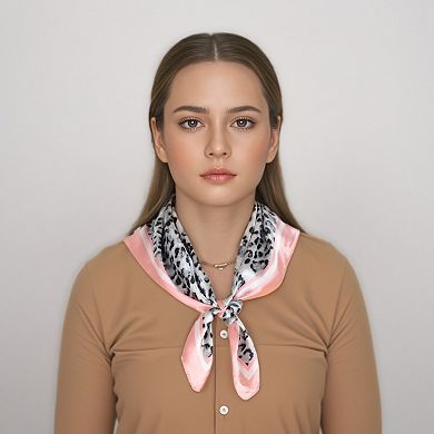Women's Leopard Print Square Scarf with Contrast Border Satin Feel Lightweight Neck Accessory