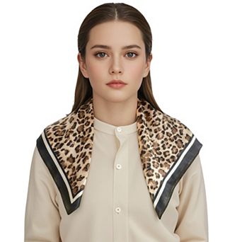 Women's Leopard Print Square Scarf with Contrast Border Satin Feel Lightweight Neck Accessory