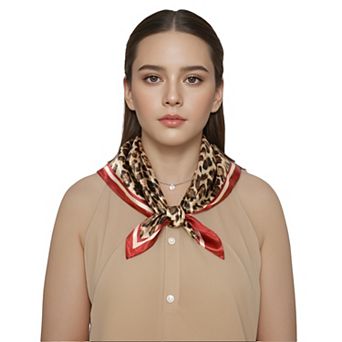 Women's Leopard Print Square Scarf with Contrast Border Satin Feel Lightweight Neck Accessory
