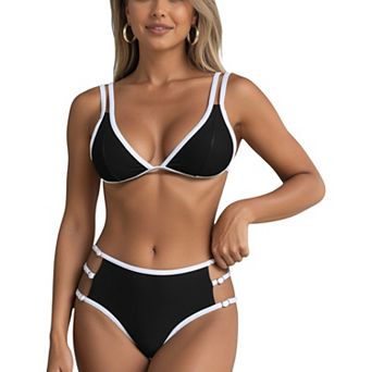 Women's High Waist Bikini Set with Double Strap Triangle Top and Side Ring Strap Bottoms
