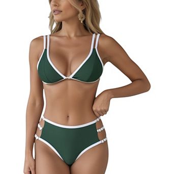 Women's High Waist Bikini Set with Double Strap Triangle Top and Side Ring Strap Bottoms