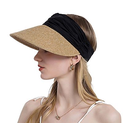 Women's Straw Sun Visor Wide Brim Adjustable Elastic Band Lightweight  Summer Hat