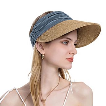 Women's Straw Sun Visor Wide Brim Adjustable Elastic Band Lightweight Summer Hat