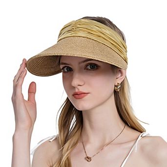 Women's Straw Sun Visor Wide Brim Adjustable Elastic Band Lightweight Summer Hat