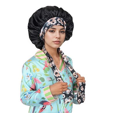 Women's Silk Bonnet for Sleeping Satin Lined Hair Bonnet with Floral Tie Band