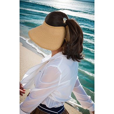 Women's Wide Brim Roll-Up Straw Sun Visor Lightweight Packable Open-Top Beach Hat for UV Protection