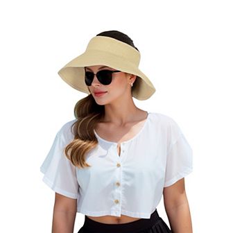 Women's Wide Brim Roll-Up Straw Sun Visor Lightweight Packable Open-Top Beach Hat for UV Protection