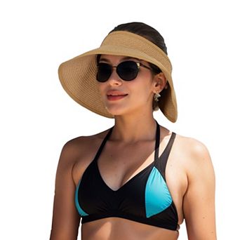 Women's Wide Brim Roll-Up Straw Sun Visor Lightweight Packable Open-Top Beach Hat for UV Protection
