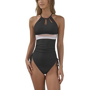 Women's High Neck One Piece Swimsuit with Keyhole Front Detail and Ruched Side Drawstrings