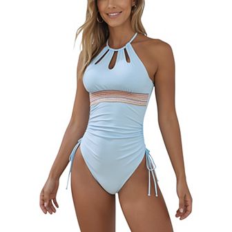 Women's High Neck One Piece Swimsuit with Keyhole Front Detail and Ruched Side Drawstrings