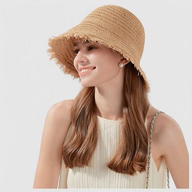 Women's Woven Bucket Hat with Soft Frayed Brim and Lightweight Straw Texture