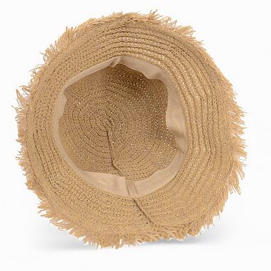 Women's Woven Bucket Hat with Soft Frayed Brim and Lightweight Straw Texture