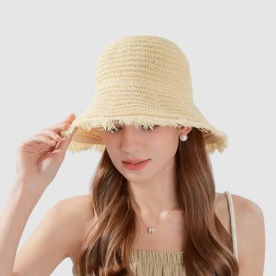 Women's Woven Bucket Hat with Soft Frayed Brim and Lightweight Straw Texture
