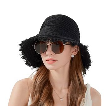 Women's Woven Bucket Hat with Soft Frayed Brim and Lightweight Straw Texture