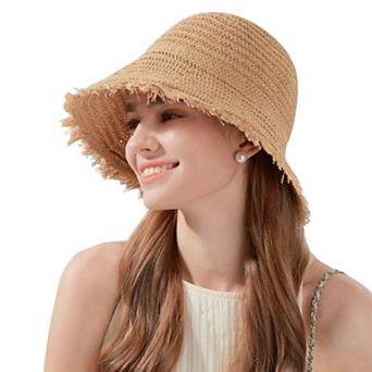 Women's Woven Bucket Hat with Soft Frayed Brim and Lightweight Straw Texture