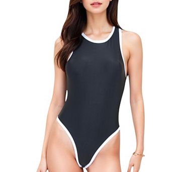 Women's High Neck Contrast Trim One-Piece Swimsuit with High-Cut Leg