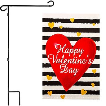 G128 Garden Flag Stand & Garden Flag 12x18 in Happy Valentine's Day Striped Heart Double Sided