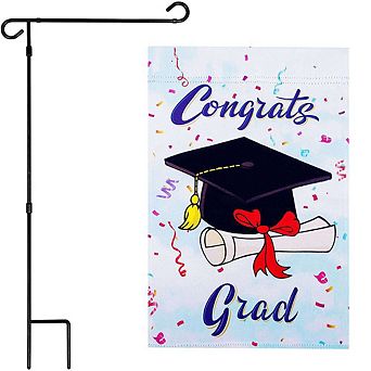 G128 Garden Flag Stand & Garden Flag 12x18 in Happy Graduation Congrats Cap Double Sided