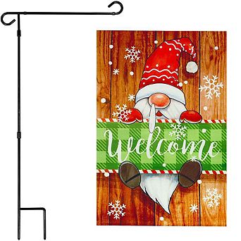 G128 Garden Flag Stand & Garden Flag 12x18 in Christmas Welcome Gnome Double Sided