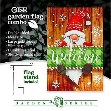 G128 Garden Flag Stand & Garden Flag 12x18 IN Christmas Welcome Gnome Double Sided