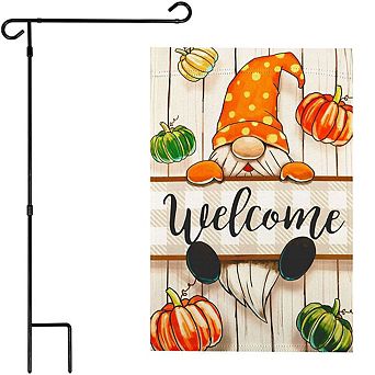 G128 Garden Flag Stand & Garden Flag 12x18 in Autumn Welcome Gnome Double Sided