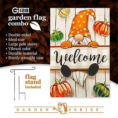 G128 Garden Flag Stand & Garden Flag 12x18 IN Autumn Welcome Gnome Double Sided