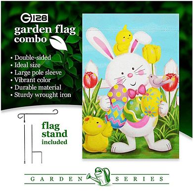 G128 Garden Flag Stand & Garden Flag 12x18 IN Happy Easter White Bunny Double Sided